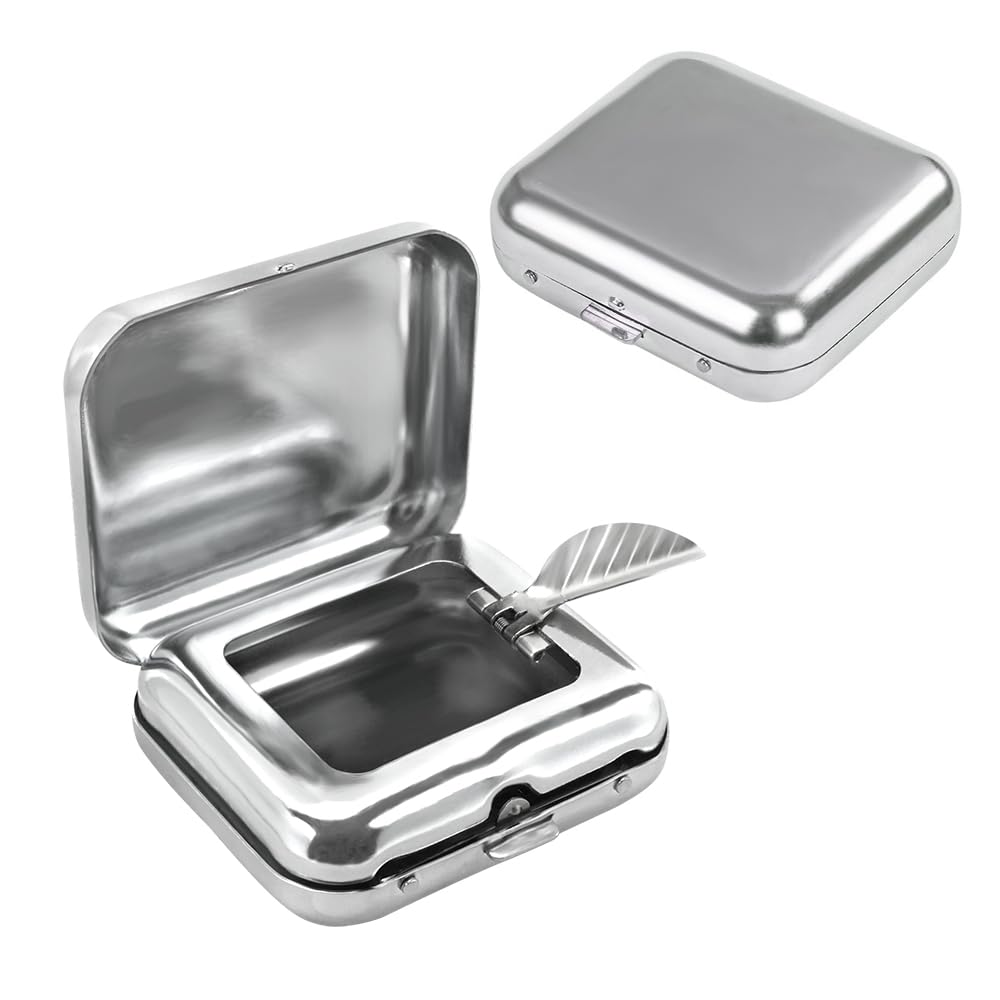 Zoyiancy 2Pcs Portable Ashtray, Pocket Ash Tray with Lid, Mini Stainless Steel Cigarette Holder, Windproof Ashtray for Outdoor Office Car Supplies(Silver)