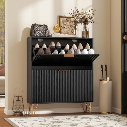 LYNCOHOME Fluted Narrow Shoe Storage Cabinet with 2 Flip Drawers, Freestanding Shoe Organizer for Entryway, Shoe Rack Cabinet with Adjustable Shelves, Black by LYNCOHOME - Used condition - CA$117.11