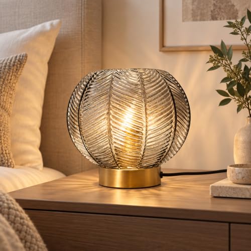 Image of Kairui Lighting Glass Table Lamp Table Lamp with 20CM Glass and E14 Antique Brass Base Desk Lamp Modern Bedside Lamp for Bedroom and Living Room (Touch,Somked Grey)
