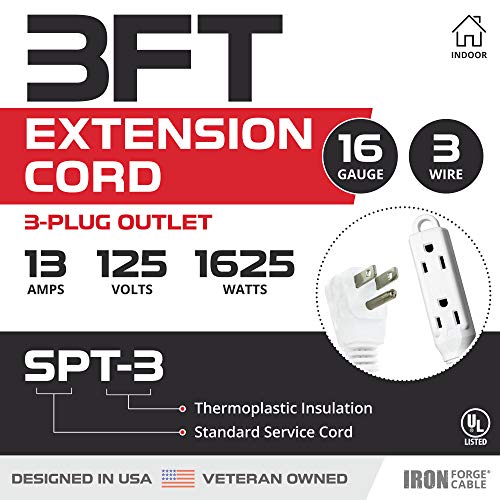 2 Pack Of 3 Ft Extension Cords With 3 Electrical Power Outlets - 16/3 Durable White Cable #TOP1