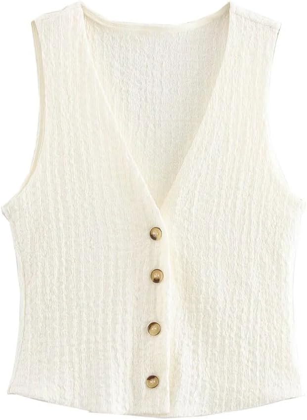 Women's Two-Piece Suit V-Neck Single-Breasted Solid Color Textured Casual Vest High Waist Drawstring Wide-Leg Pants Suit