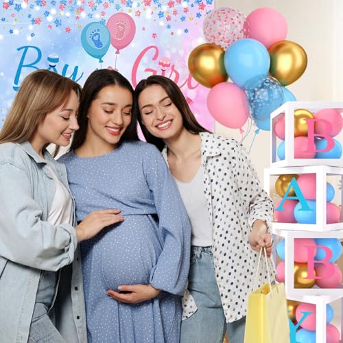 Image of Baby Gender Reveal Party Decorations - Pink Blue Balloon Arch Garland Kits With 4pcs Balloon Boxes, Backdrop and Tablecloths for Baby Shower, Boy or Girl Gender Reveal Party Ideas Supplies