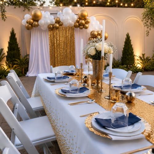 Image of Blue Orchards White and Gold Dots Table Cover (Pack of 3 with 20 glue dots) - 54 inchx108 inch XL - Disposable Bridal Shower Tablecloth, Wedding, Graduation Decoration, Picnic & Golden Birthday Party Supplies