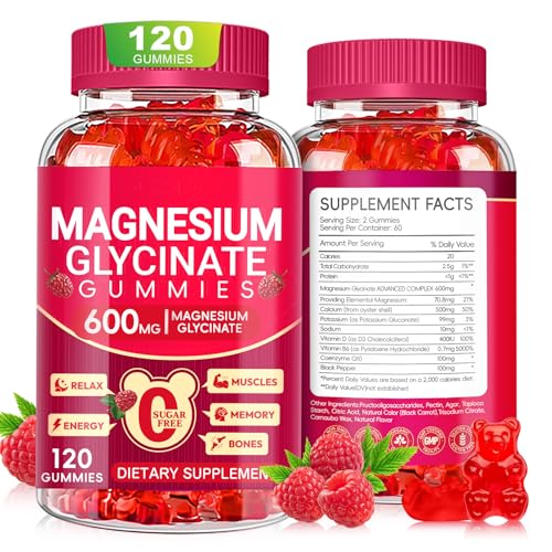 Magnesium Glycinate Gummies 600mg, Sugar Free Magnesium Gummies for Adults, Chewable Potassium Supplements for Body Support, Zzz and Relaxation, 120 Count