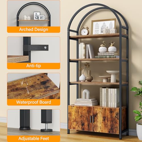 Image of Jehiatek Arched Bookshelf with Storage Cabinet 71 Inch Tall Industrial Bookcase 5 Tier Open Display Shelf with Hidden Storage Rustic Wood and Metal Bookshelf for Living Room Bedroom Home Office