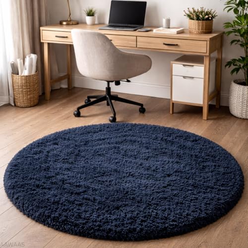 Image of Premium Polyester Shaggy Round Rug - Ultra Soft Fluffy Circle Carpet for Bedroom, Living Room, Kids Room, Anti-Skid Plush Floor Rug - (Blue, 4 feet|120cm)