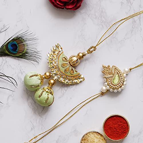 Image of eCraftIndia Diamonds, Pearls Designer Bhaiya Bhabhi Rakhi Set with Roli Chawal Pack -