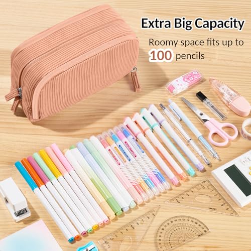 Image of Sooez Big Capacity Pencil Case Pen Pouch, Soft Corduroy Pencil Bag with 3 Compartment, Multiple Pockets, Sturdy Zipper, Cute School Supplies Pen Bag Organizer For Teen Girls College-Orange