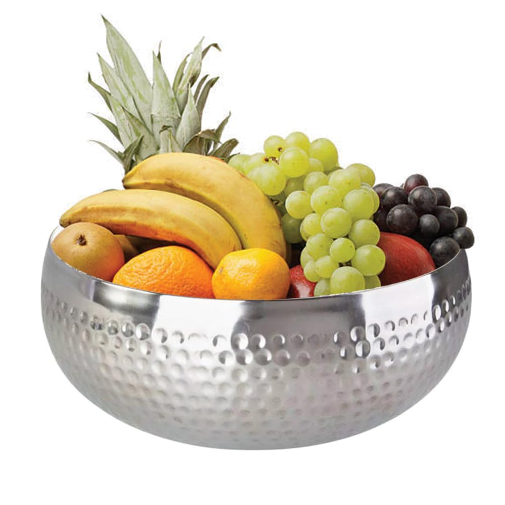 VIRSUS Centrotavola Rotondo in acciaio inox, Misura 27,5x10,5 cm, Design con Decoro Martellato, Ciotola Portafrutta Portapane, Scodella decorativa -697