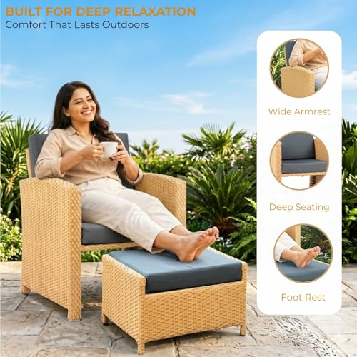 Image of DEVOKO Valencia Outdoor 5 Piece All Weather Rattan Wicker Patio Sofa Set with Water Resistant Cushioned Chairs with Glass Top Table & Ottomans for Garden, Pool, Porch, Backyard (Beige & Grey)