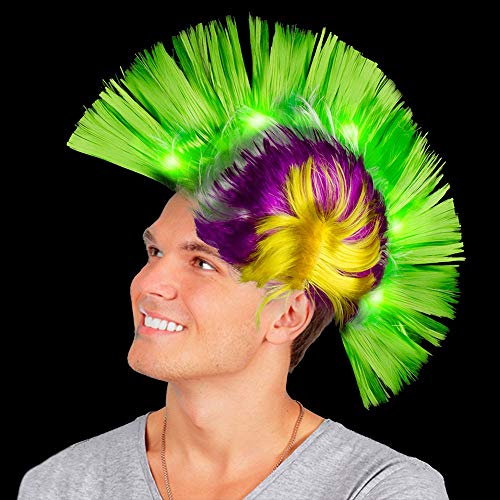 Fun Central AD154 LED Light Up Mohawk Wig - Green Yellow and Purple