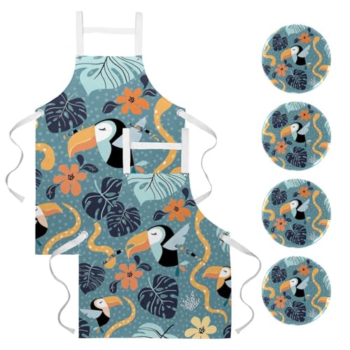 Lot de 2 tabliers de cuisine avec 4 broches à motif toucan oiseau
