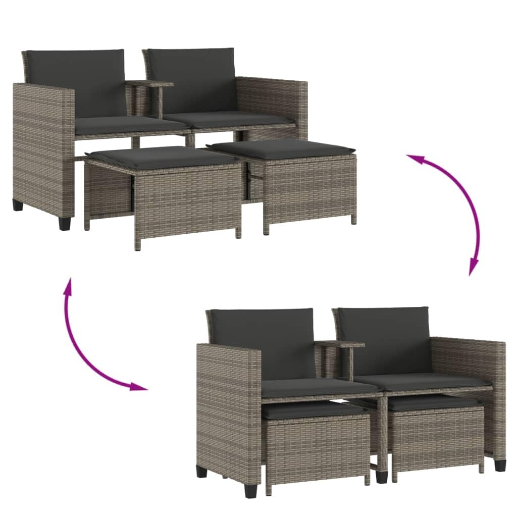 Sofá de jardín de 2 plazas con mesa y taburetes gris de poliratán, conjunto de asientos de ratán sintético con cojines gruesos acolchados, fundas extraíbles y lavables, reposapiés versátil