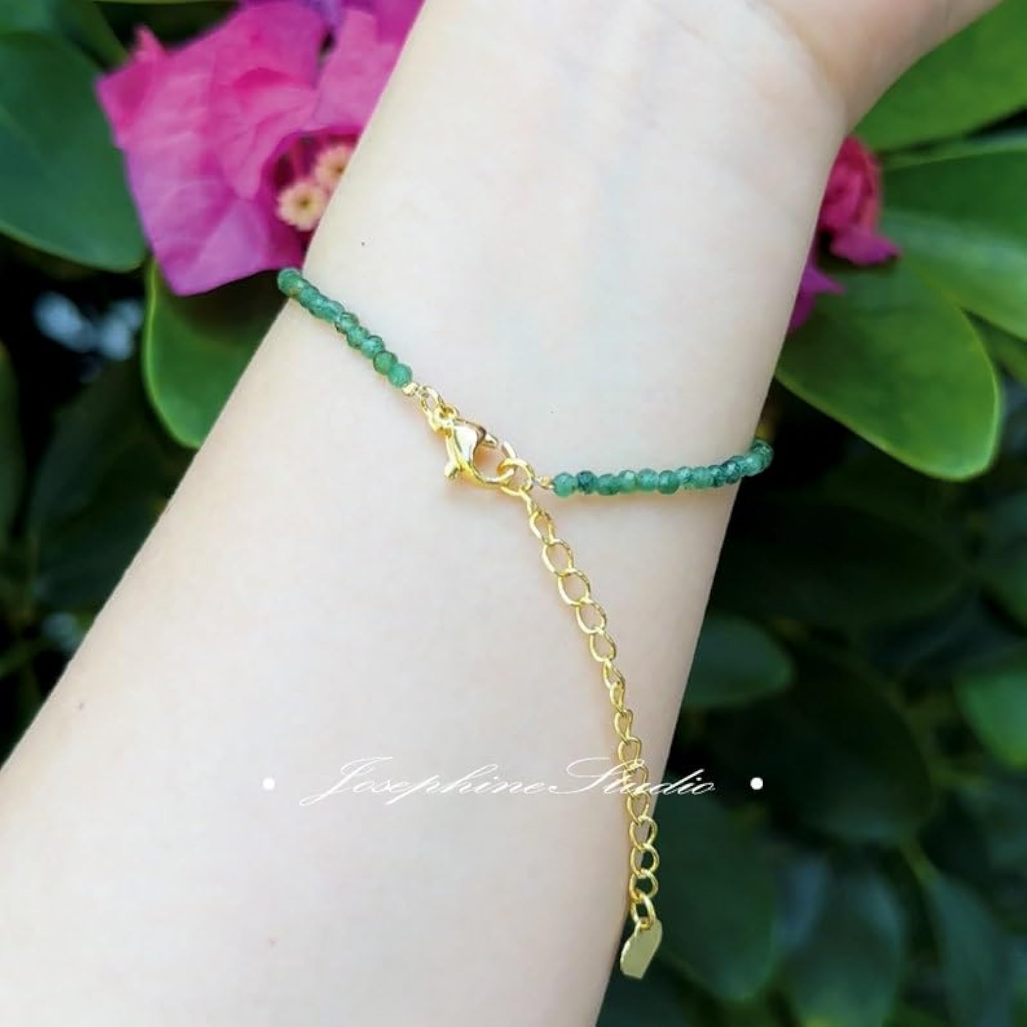 Emerald Round Beaded Bracelet, Adjustable Gold Lock