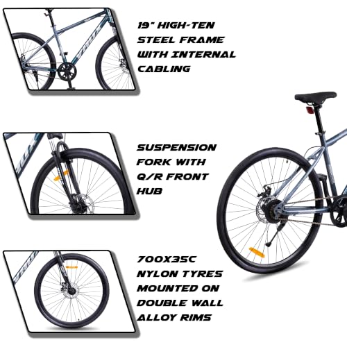 Image of Vaux City-Pro Single Speed Hybrid Cycle for Men with Dual Disc Brakes & Suspension Fork, 19 Inch Hi-Ten Steel Frame, 700x35C Tyres, Alloy Rims, City Bike(Grey-Blue, Single Speed, Suspension Fork)