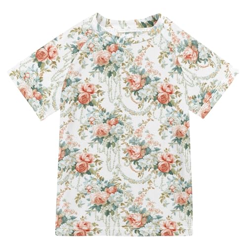 ALAZA Kids Rash Guard Girls Toddler Swim Shirts Short Sleeve European Flowers UPF 50+ 3T