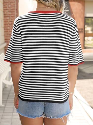 Image of Saodimallsu Womens Short Sleeve Cardigans Striped Button Down Sweater Tops