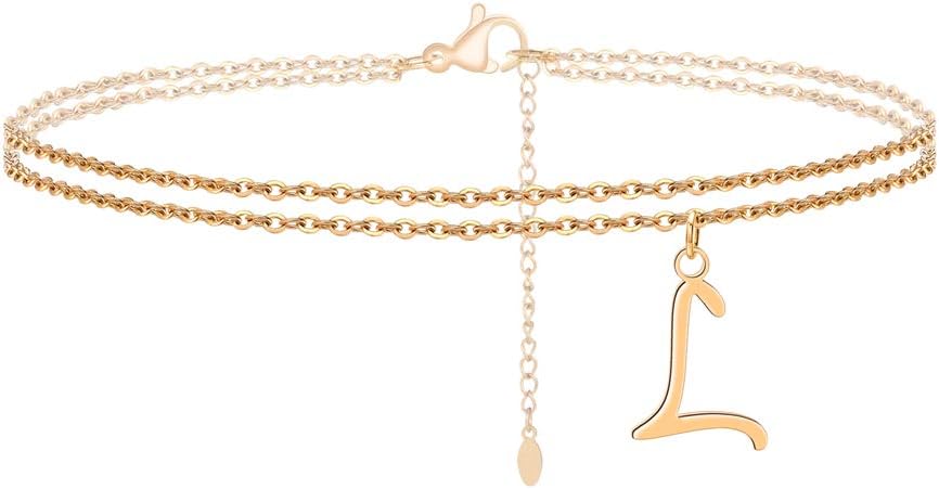 Ankle Bracelets for Women Initial Letter, 14K Gold Plated Initial Anklets Stainless Steel Letter Symbol Pendant Bracelet Double Layer Chains Birthday Gifts for Women Teen Girls 26 Letter Options A-Z