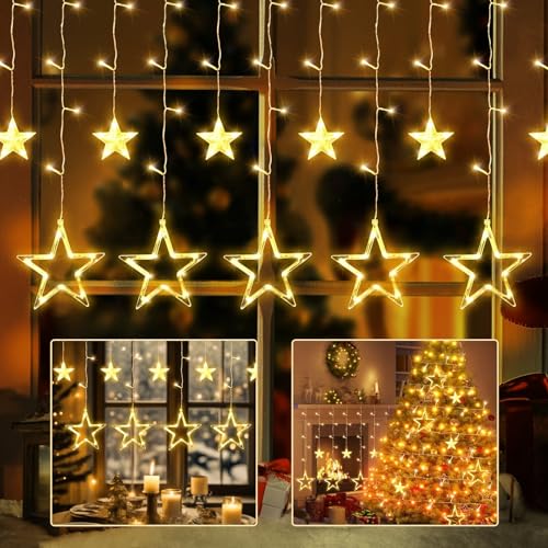 Bigzom Lichterkette Sterne Vorhang 138 LED 2.4×1m Lichtervorhang innen...