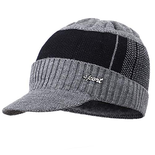 Yixda Bonnet d'hiver chaud en tricot avec visière pour homme - Gris - Taille Unique
