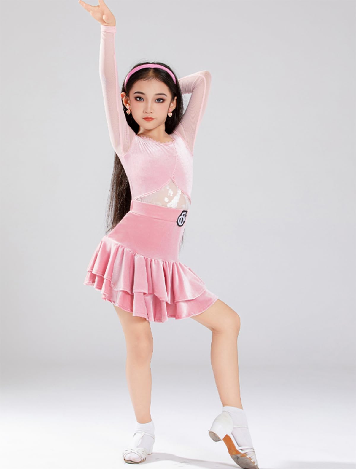 Lateintanz-Wettbewerbsoutfit für Mädchen, Samt-Tanzkleid mit Langen Ärmeln, Kinder-Cha-Rumba-Tanztrainings- und Wettkampfkleidung