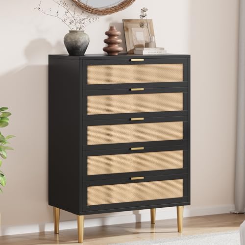 Rattan 5 Drawer Dresser, 44'' Tall Narrow Chest of Drawer, Farmhouse Wooden Storage Cabinet with Metal Legs and Handles, Modern Dresser for Bedroom, Living Room, Black
