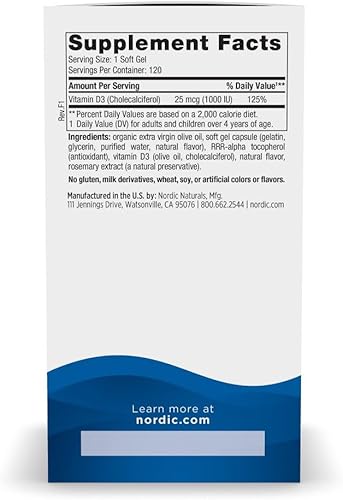 Miniatura 2 de Nordic Naturals Vitamina D3 1000, naranja - 120 mini geles suaves - 1000 UI de vitamina D3 - Apoya los huesos saludables, el estado de ánimo y la
