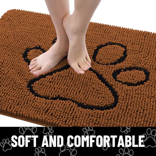 Image of Smiry Dog Door Mat for Muddy Paws, Absorbent Dirt Trapper Non Slip Quick Dry Washable Chenille Mat for Mud Dogs, Entry Rug for Indoor and Outdoor (48x30 Inches, Ochre and Black)