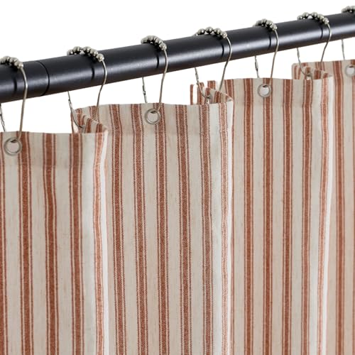 PROCIDA Linen Blend Shower Curtain-Ticking Terracotta and White Striped, 72x72 Inch Yarn Dyed Cloth Fabric Bathroom Curtain with 12 Metal Hooks, Bath Curtain for Modern Farmhouse Bathrooms