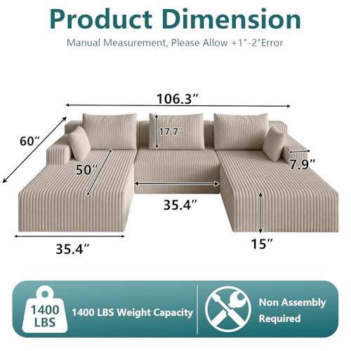 Image of 107 inch U-Shape Cloud Couch, Modern Modular Sectional U-Shape Sofa, Corduroy Boneless Couch Upholstered Couches Deep Seat Sleeper Chaise Longue for Living Room, No Assembly Required,Camel