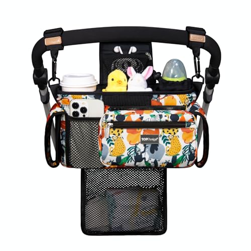Image of TOPDesign Universal Baby Stroller Organizer, Stroller Caddy with Detachable Mesh Bag & Heightened Insulated Cup Holders & Non-Slip Secure Hooks Accessories, Fits Most Strollers (Zoo)