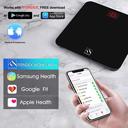 FITINDEX Smart Digital Body Weight Scale, BMI Bathroom Scale with Smartphone App, Step-on Technology, Sturdy Tempered Glass