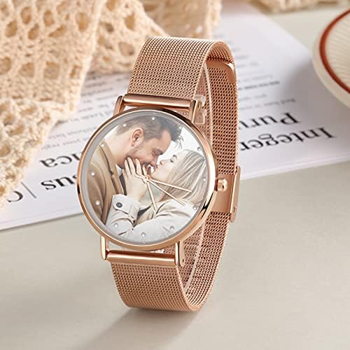 Montre Photo Personnalisée pour Femmes avec Texte Gravé Bracelet Maille Milanaise Acier