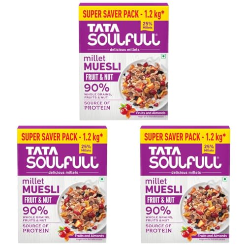 Image of Tata Soulfull Millet Muesli, Fruit & Nut, 1.2 kg, With 20% Crunchy Millets, 90% Whole Grains, Source of Protein, High in Fibre, Contains Ragi, Jowar & Bajra (Pack of 3)