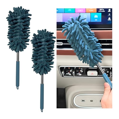 NYTKL 2PCS Car Interior Duster with Extension Pole, 11.8" to 30.5" Retractable Dusters Auto Dash Cleaning Tool, Soft Chenille Hand Washable Dusters for Car Window Furniture Office (Navy Blue)