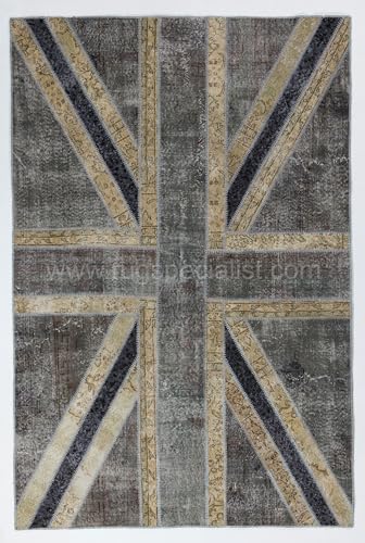 Modern Patchwork Rug with Union Jack, Wool & Cotton, 6x10 ft
