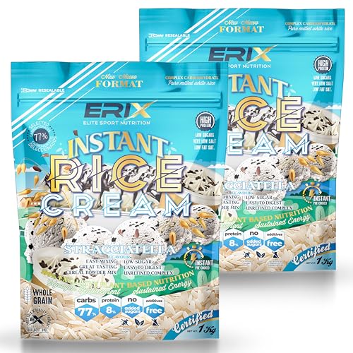 ERIX Nutrición Pack 2x1Kg de Crema de Arroz Instantánea, Harina Sin Azúcar, Fácil Digestión Energía Pre y Post Entreno para Gachas, Cocina, Batidos, Rice Cream (Straciatella)