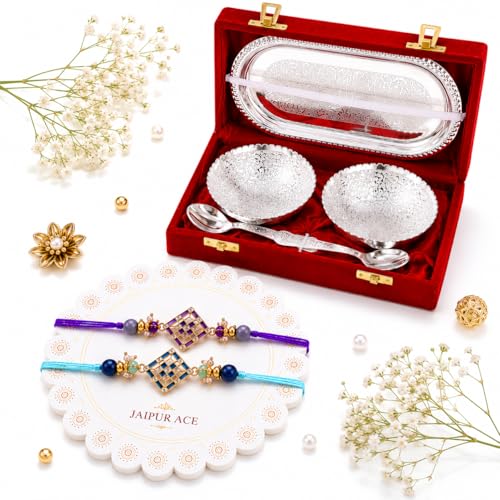 Image of Jaipur Ace Rakhi Gift Hamper for Bhaiya Bhabhi with Silver Plated Bowl Set, Pooja Thali, 2 Designer Rakhis, Roli Chawal, Raksha Bandhan Gift Set for Brother Bhabhi, Premium Rakhi Combo with Red Velvet Box