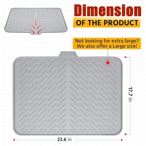 Image of HROY Large Silicone Dish Drying Mat (60 * 40 cm) for Kitchen - Built-in Drain Lip | Hygienic Drying Pad - Sturdy Compact Easy to Clean Tray Protects Surfaces Prevents Water Build Up (60 * 40 cm)