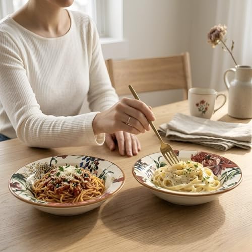 Image of SNS Botanical Bloom Decal Ceramic Serving Bowl | Premium Salad & Snacks Bowl | Semi-Matt Floral Dinnerware for Oats Pasta Fruits & Desserts | Tableware for Gifting (Guldaudi Canvas Pasta Bowl)