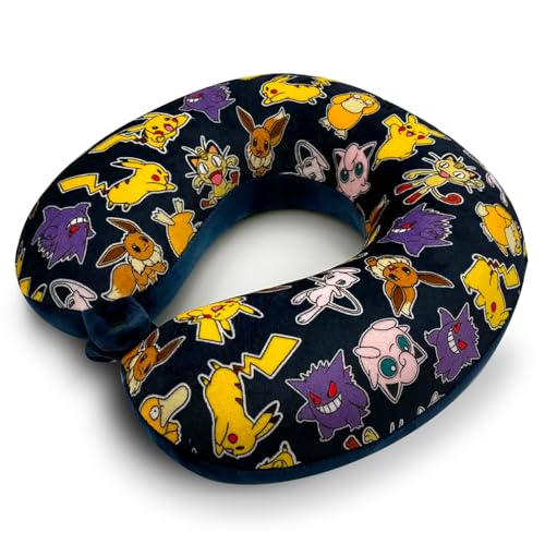Pokémon Appuie-Tête de Voyage Officiel Enfant – Coussin Nuque Ergonomique Mémoire de Forme – Pikachu Evoli Gengar – 29×29cm – Housse Lavable Amovible – Voiture Avion Train
