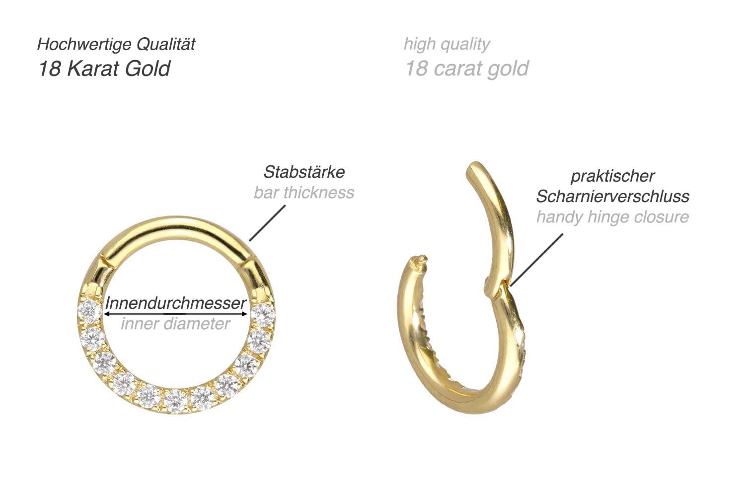 PIERCINGLINE 750er Gold Segmentring Clicker | 18 Karat | EINGEFASSTE Kristalle | Piercing Ring Nase Septum Ohr Helix | Farb & Größenauswahl