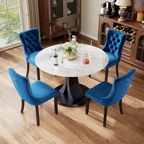 Image of 5-Piece Dining Table Set with 39In Faux Marble Table and 4 Velvet Upholstered Chairs, Modern Scandinavian Furniture for Dining Room Kitchen(Blue)