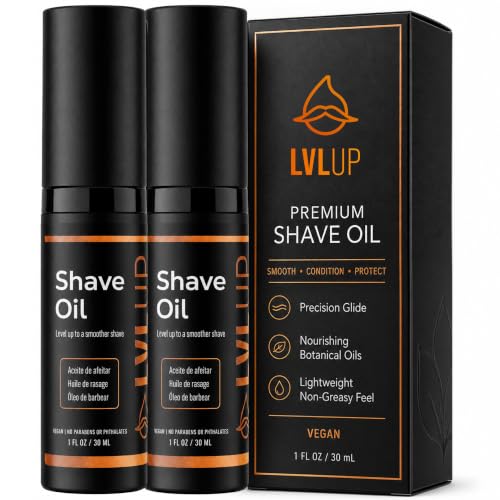 LVLUP Shave Oil for Men (2 Pack 2 oz) – 100% Natural Shaving Oil for Sensitive Skin – Prevents Razor Burn, Bumps &amp; Irritation – Replaces Shaving Cream, Gel &amp; Aftershave – Made in Austin, Texas