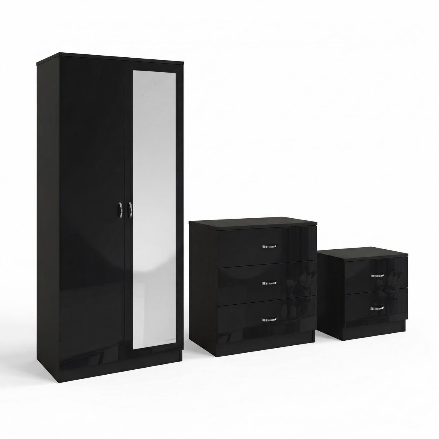 Fwstyle Unisex Black Chilton 3 Piece Gloss Complete Bedroom Storage Furniture Set
