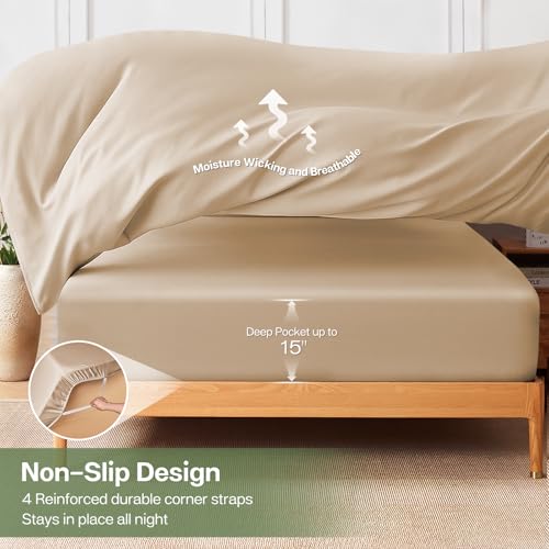 MR&HM Twin Sheets Set, 3-Piece Cooling Sheets, Rayon Derived from Bamboo & Polyester Blend, Soft & Silky, 15" Deep Pockets with Elastic Straps, Hotel Luxury for Hot Sleepers, Beige
