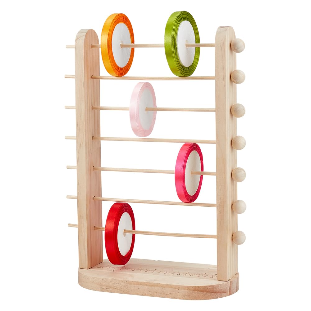 PH PandaHall 7-Tier Wooden Ribbon Organizer Rack Spool Holder Storage Ribbons Storage Stands Thread Organizer Holder Crochet Roll Display Shelf for Mesh Wreath Tulle Sewing Craft Gift Wrapping