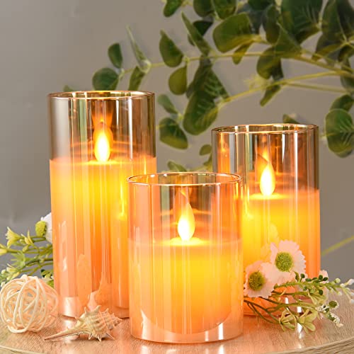 Image of JOSU Flameless Candles 4 inch 5 inch 6 inch Set of 3 Outdoor Indoor Fake Pillars Gold Glass LED Battery Operated Candles Include 10-Key Remote Timer for Wedding Party Halloween Christmas Thanksgiving Fall Diwali