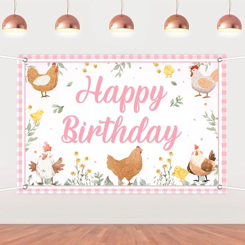 Cheereveal 5x3ft Chicken Happy Birthday Backdrop for Girls, Pink Chick