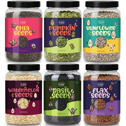 Image of LILA DRY FRUITS 6 Seeds Combo Pack Chia Flax Basil Pumpkin Sunflower Watermelon Seed Mix 250 g x 6 for Eating Healthy Raw Seeds Mix Super Seed Combo Daily Nutrition Seeds Blend